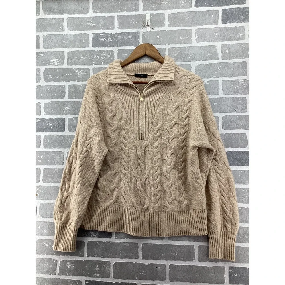 J.Crew Womens Merino Wool Alpaca Cable Knit Quarter Zip Sweater Beige XL